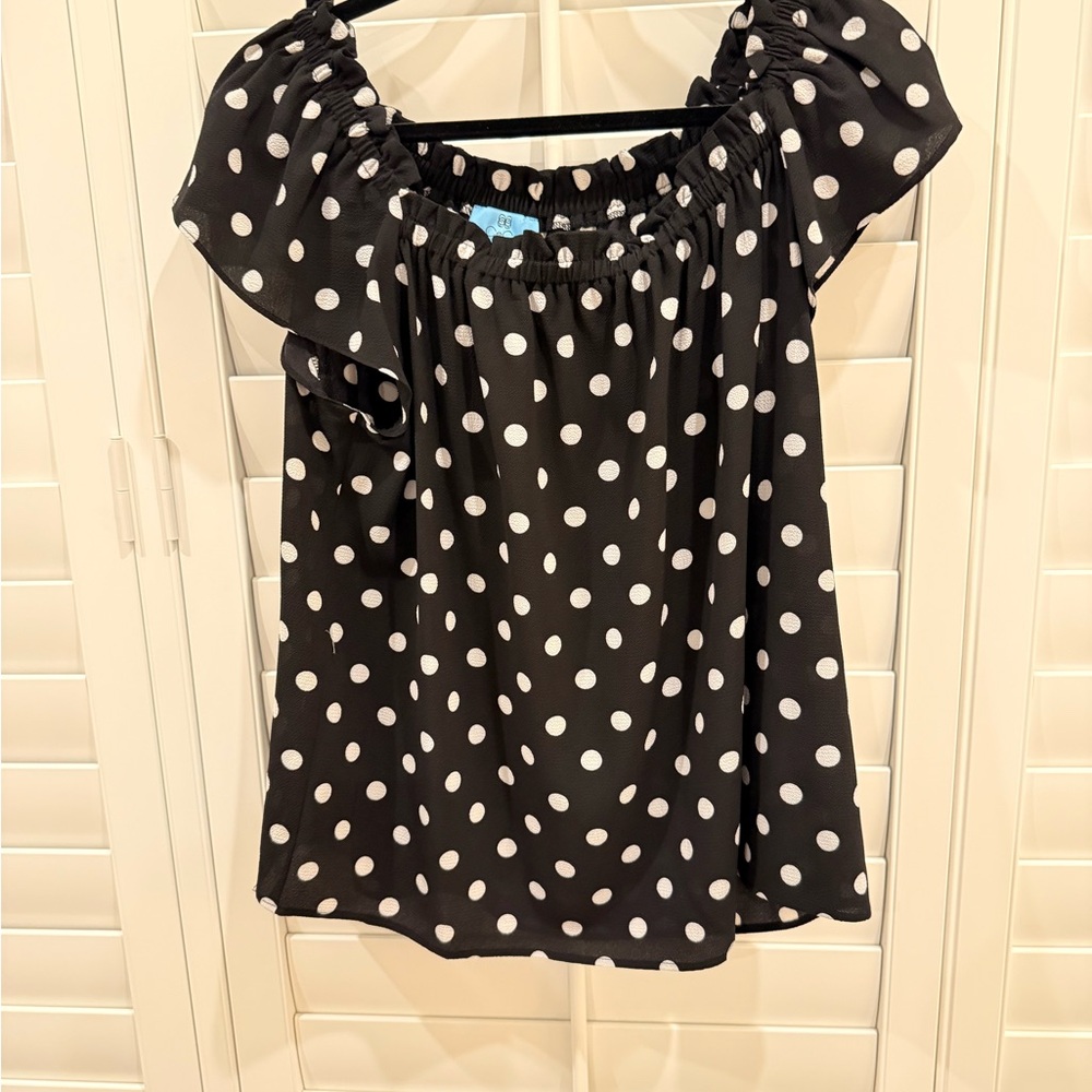 CeCe Black Blouse with White Polka Dots